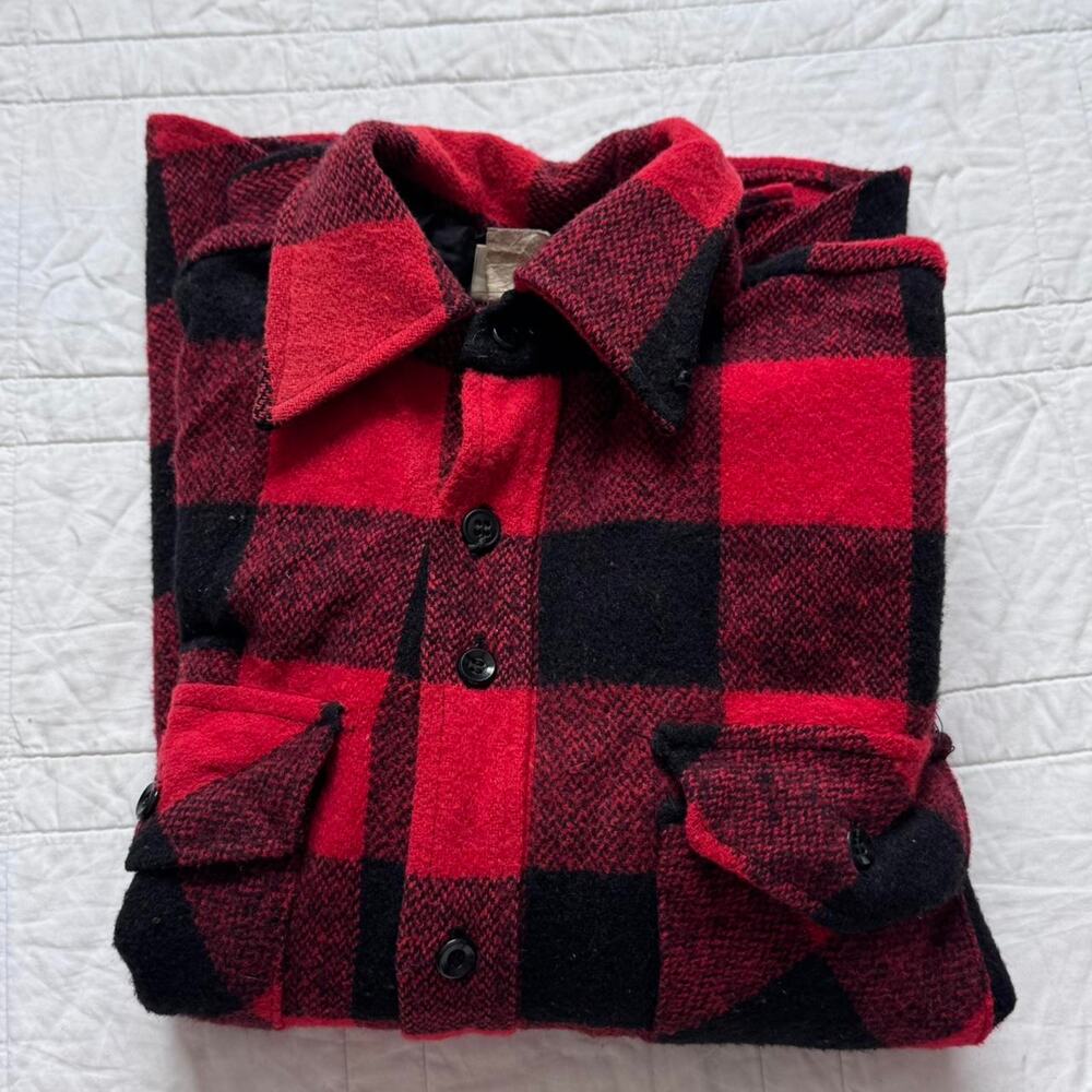 VTG Sears Kings Road 70s flannel shirt mens M red buffalo plaid wool blend retro - Picture 3 of 8